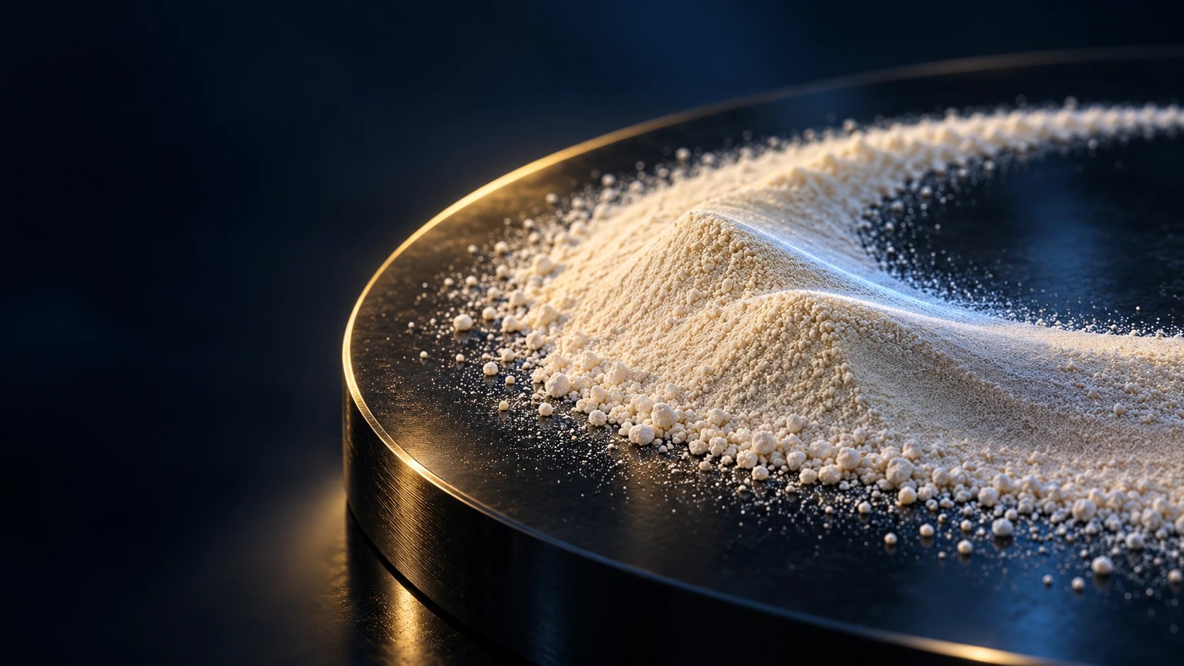 Conceptual close-up of pale silica particles on a dark polished sample surface