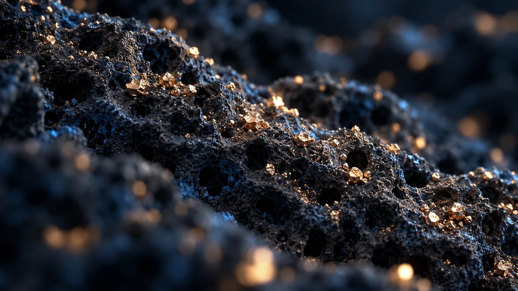Conceptual macro portrait of copper-gold metal particles distributed on a dark porous support