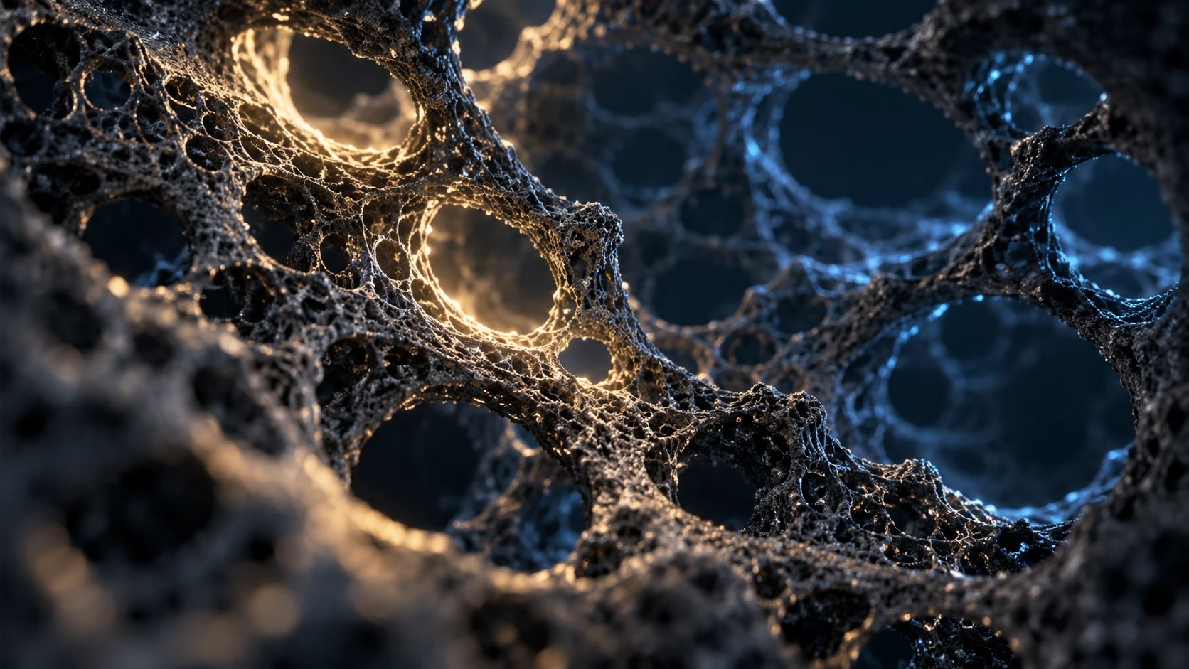 Conceptual interior view through an open porous carbon network