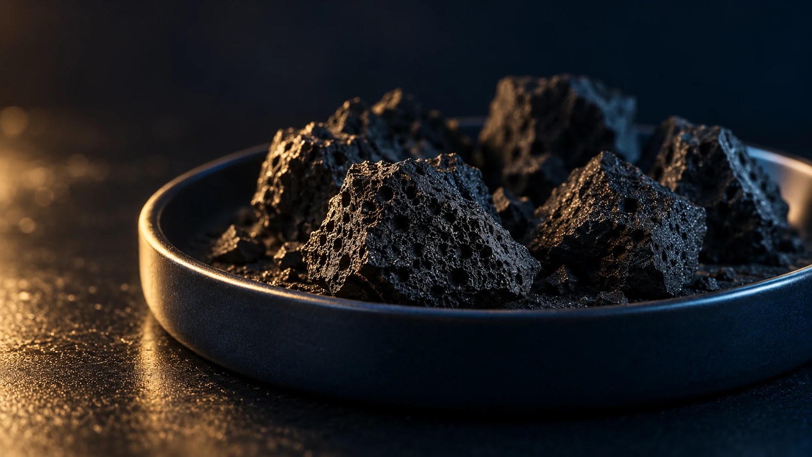 Conceptual macro image of porous carbon xerogel granules in a shallow sample dish