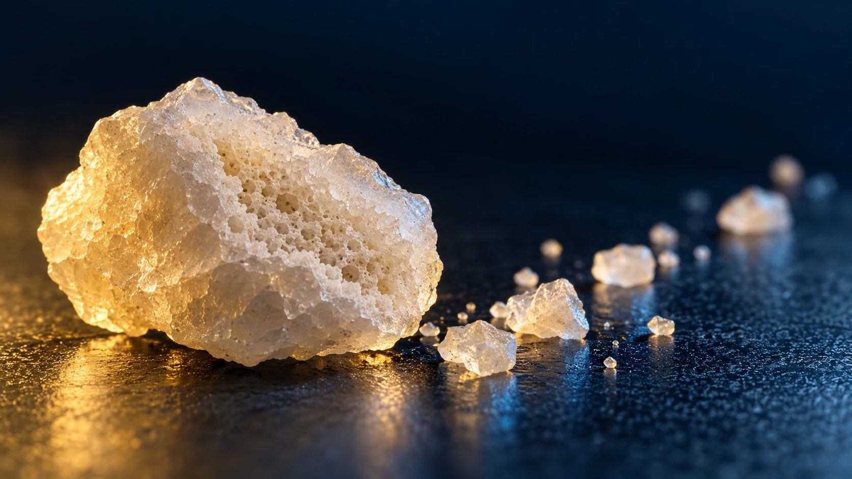Conceptual close-up of pale silica xerogel granules with detailed porous fracture surfaces