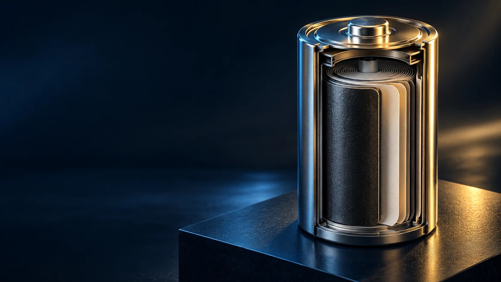 Conceptual cutaway of a cylindrical energy-storage research cell showing wound electrode layers