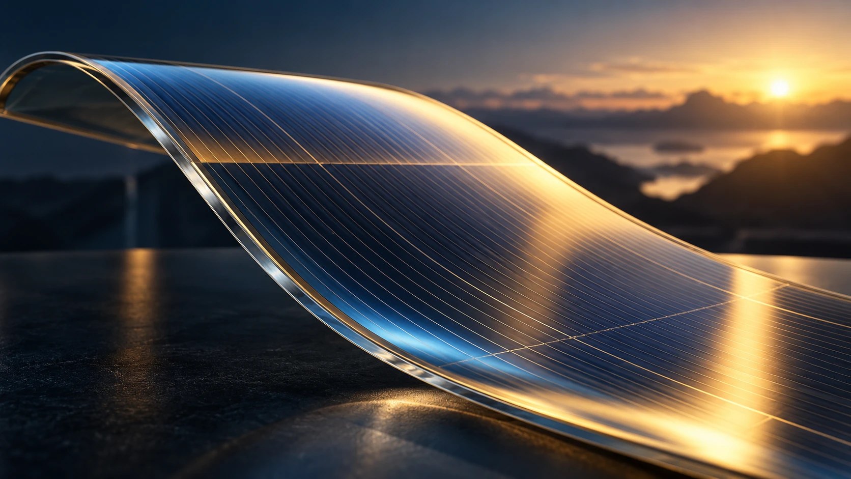 Illustrative close-up of a thin-film photovoltaic research surface reflecting sunrise