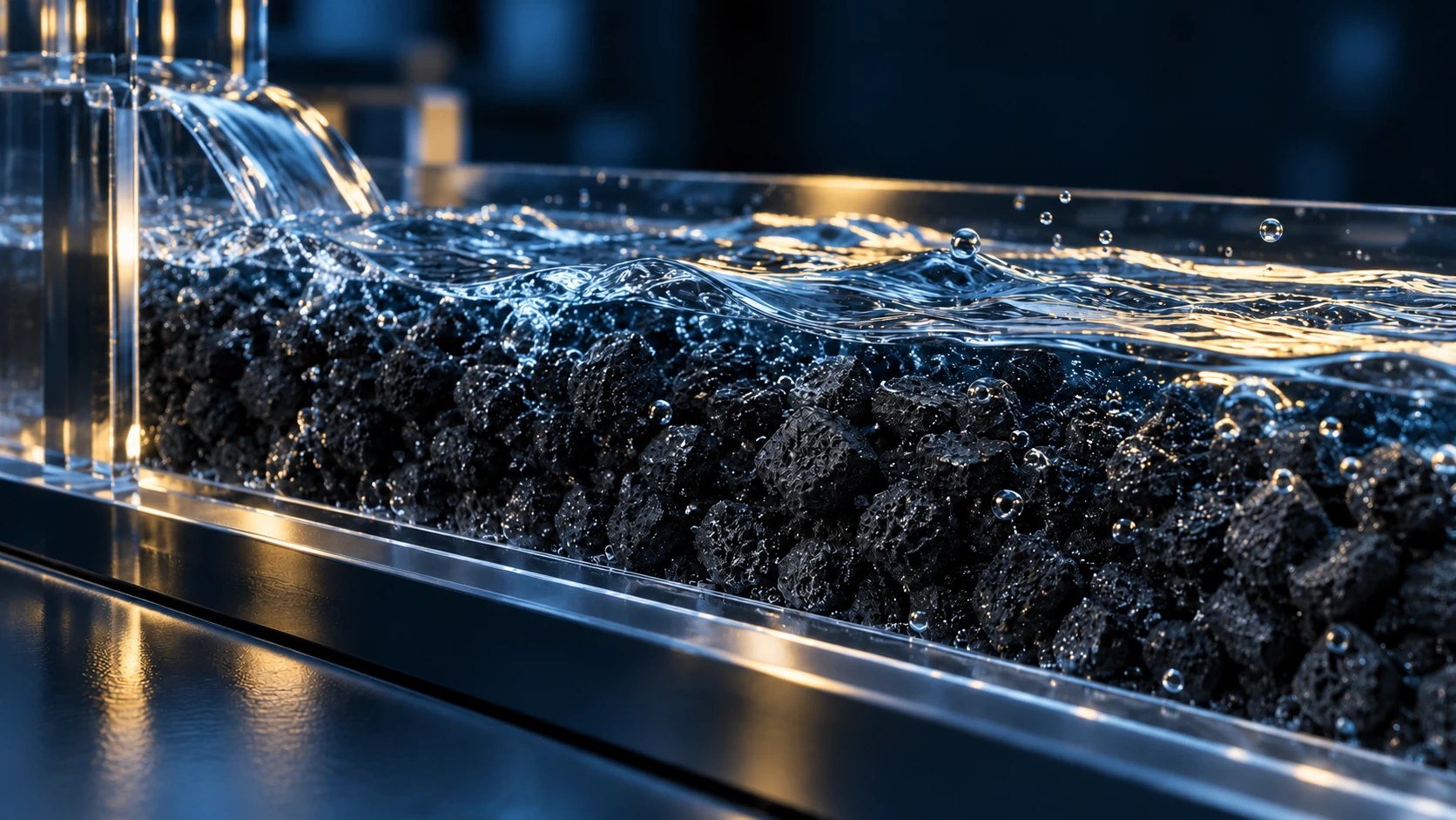 Conceptual laboratory water stream passing beside porous material granules
