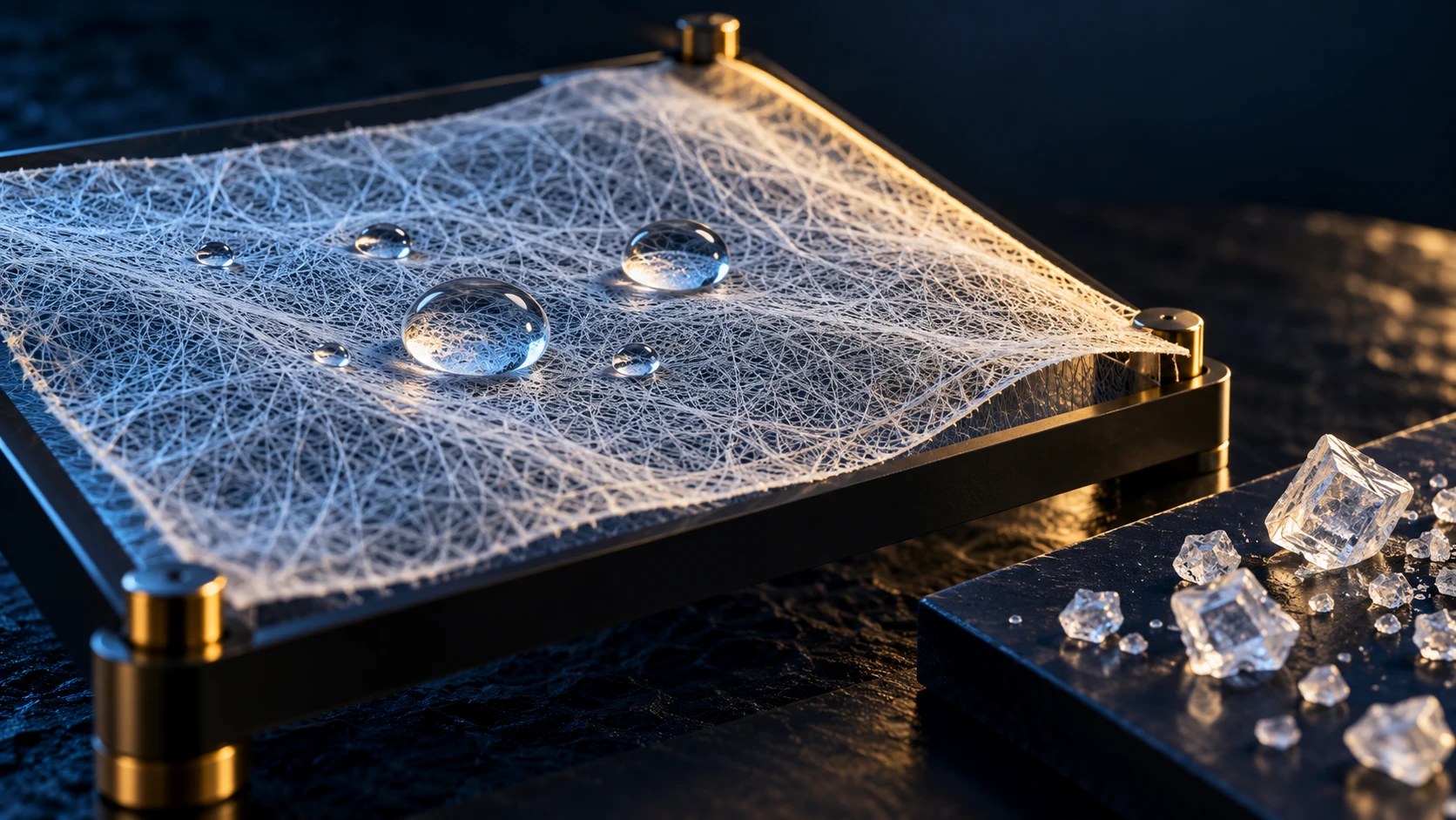 Conceptual close-up of a research membrane and saltwater droplets under navy and gold light