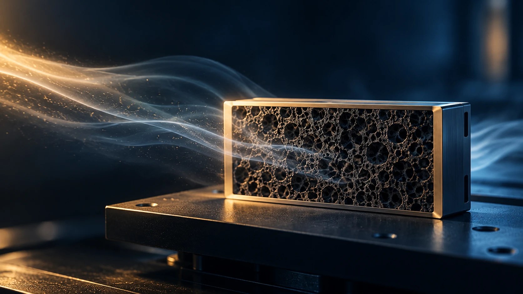 Conceptual porous material cartridge beside a subtle illuminated airflow ribbon