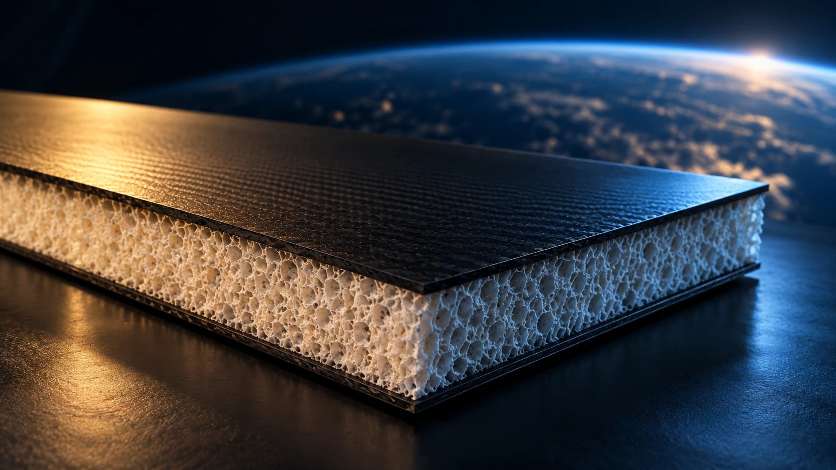Conceptual lightweight layered insulation panel against a distant Earth-like horizon