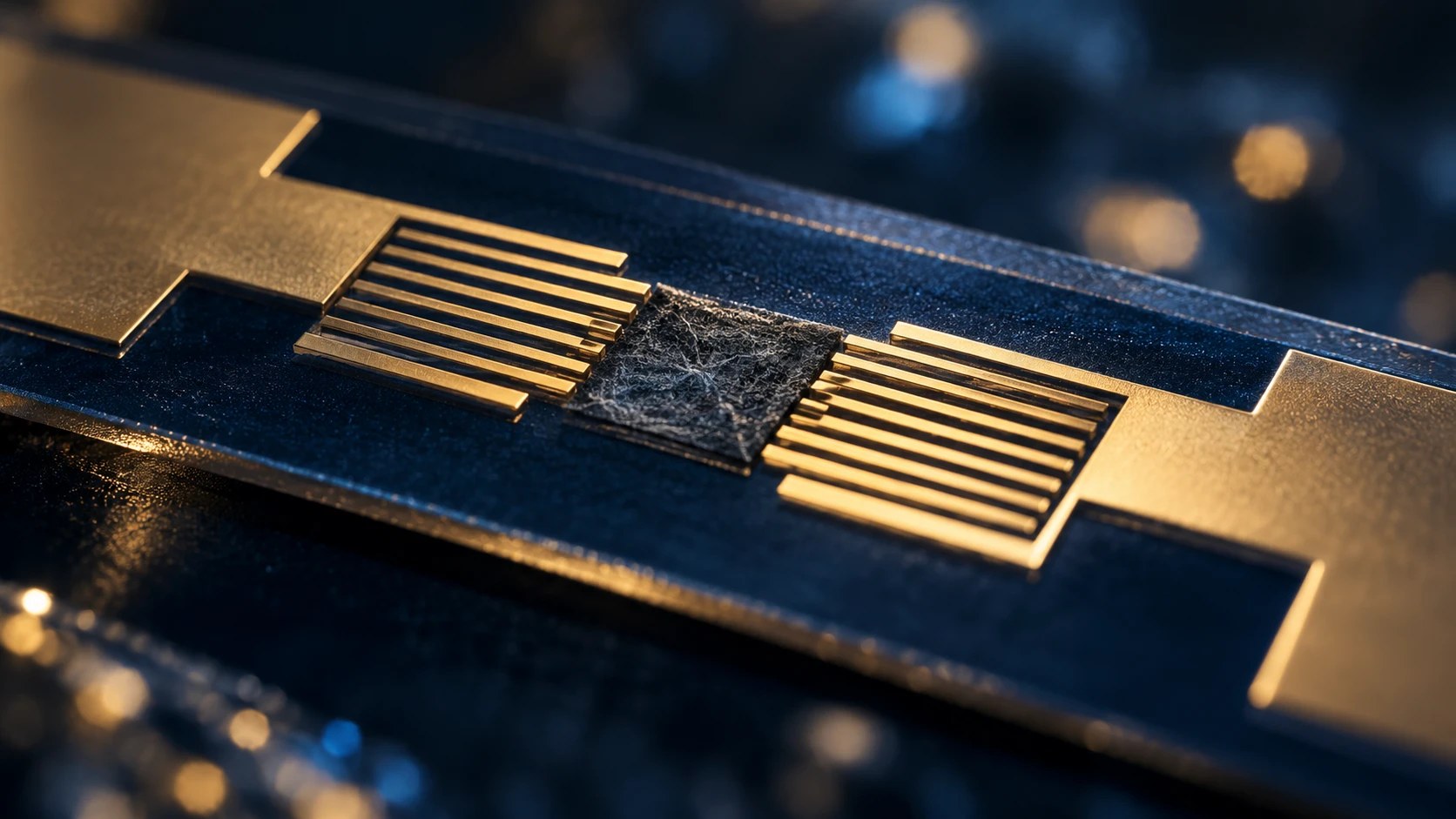 Conceptual microfabricated sensor surface with gold interdigitated electrodes and a dark functional layer