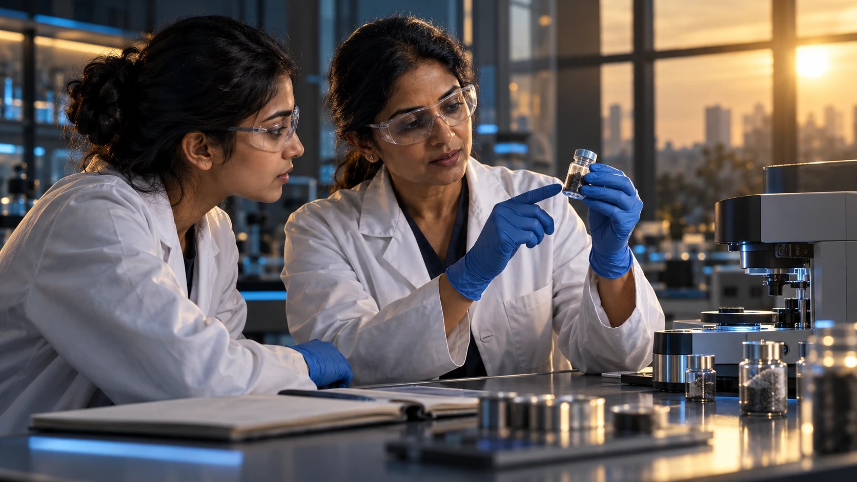 Illustrative Indian scientist mentoring a student as they examine a sealed material sample