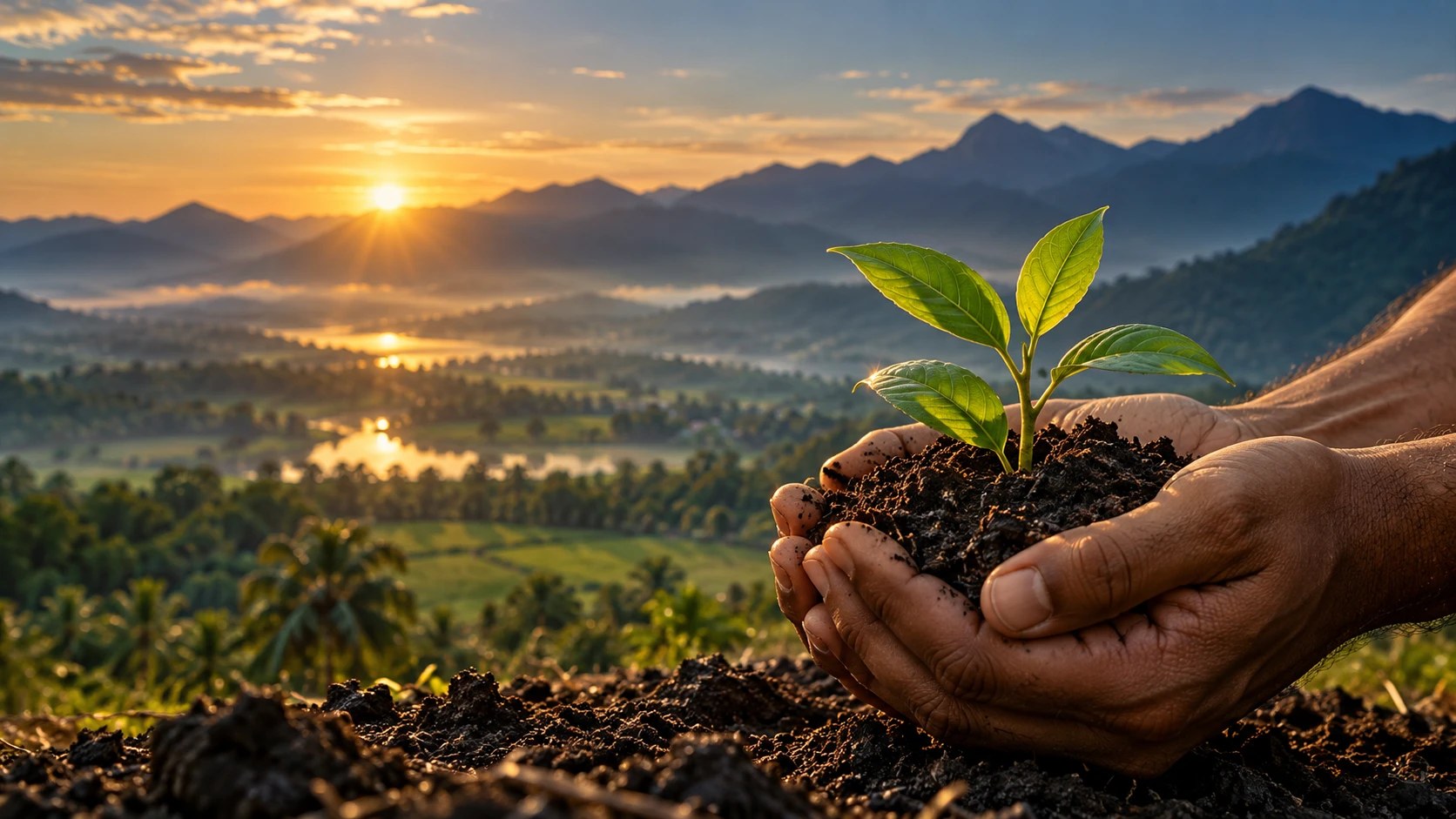 Illustrative hands carefully protecting a young sapling against a warm sunrise and distant blue horizon