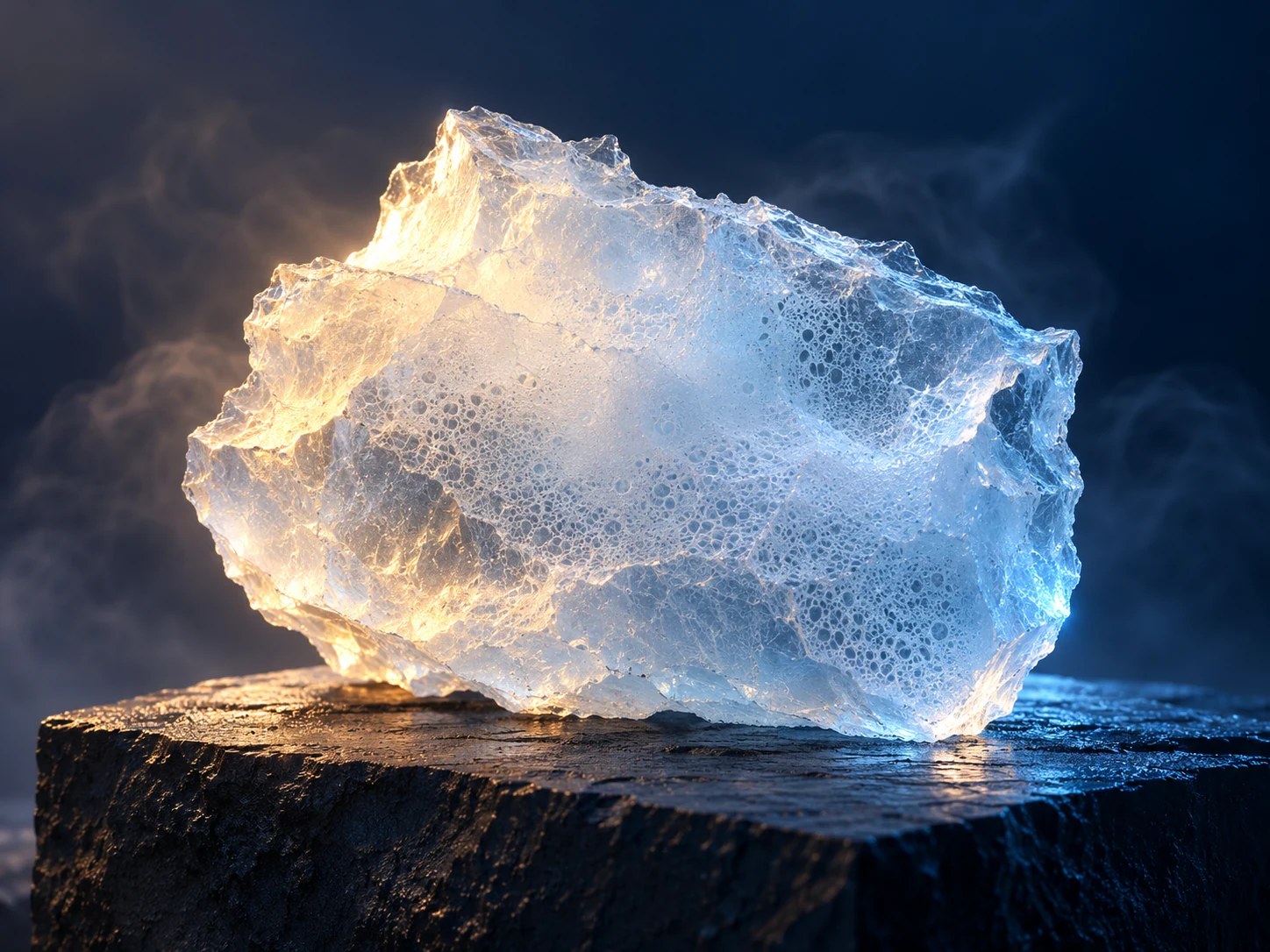 Luminous translucent silica aerogel on a dark surface, conceptual visualization