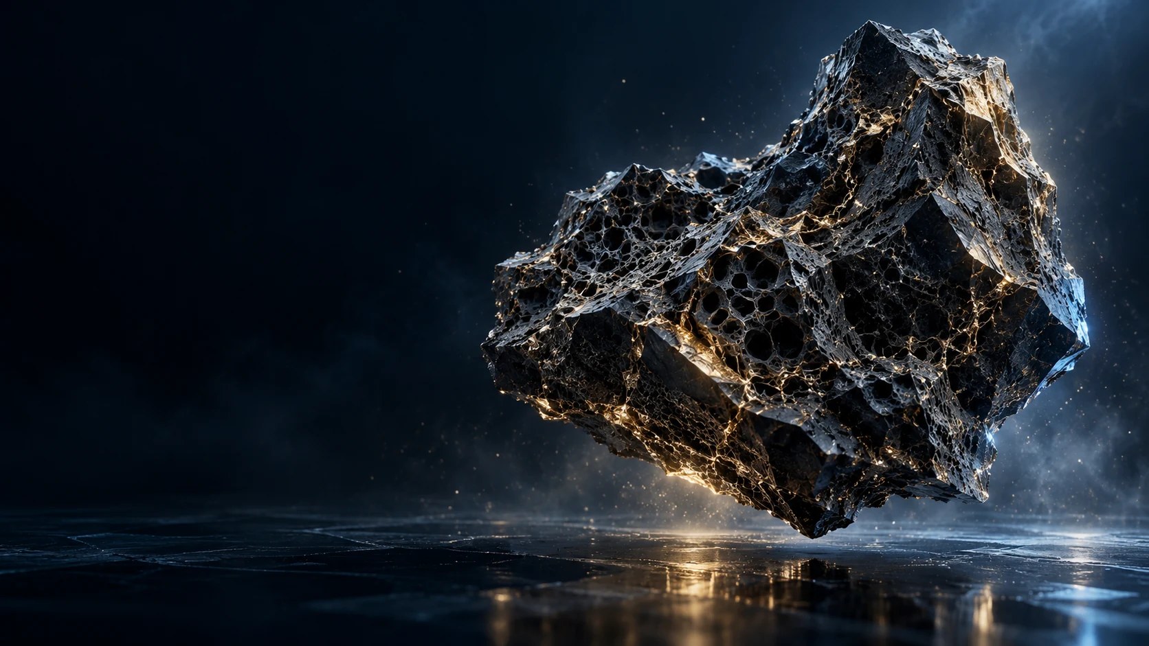 Sculptural porous carbon illuminated by gold and blue light — a conceptual material visualization
