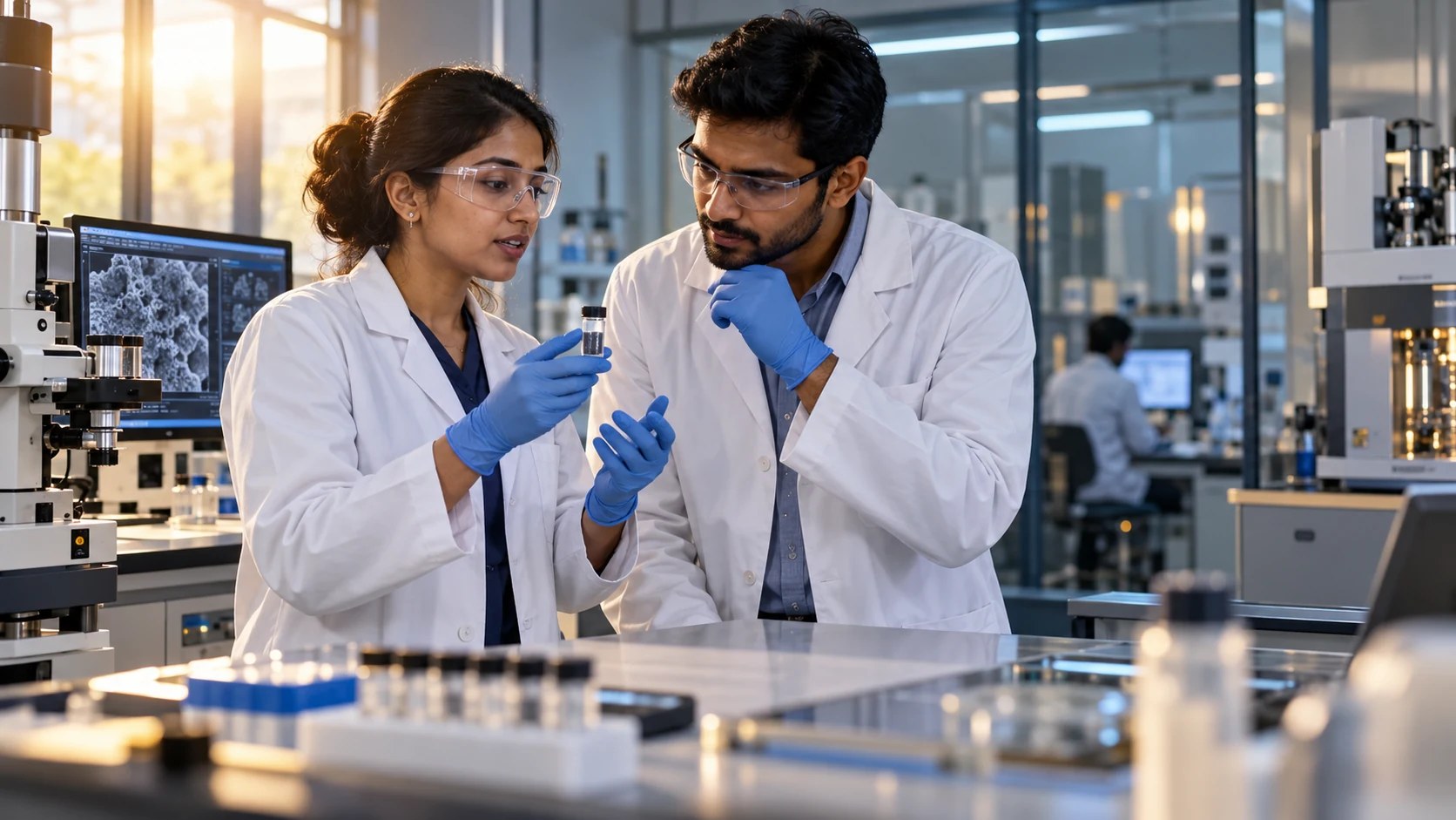 Illustrative scientists discussing a material sample in a modern laboratory