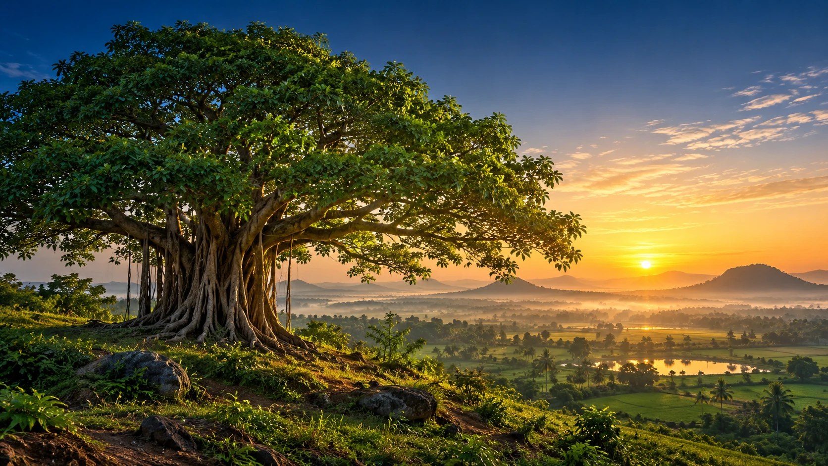 A strong banyan tree overlooking green fields at sunrise, illustrative environmental imagery