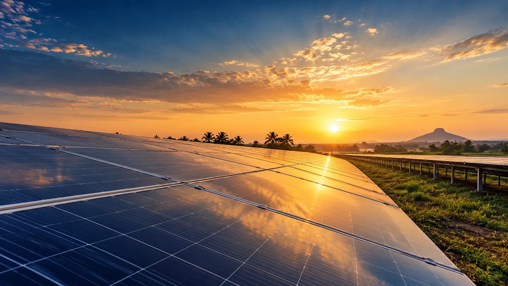 Illustrative solar array under a golden sunrise